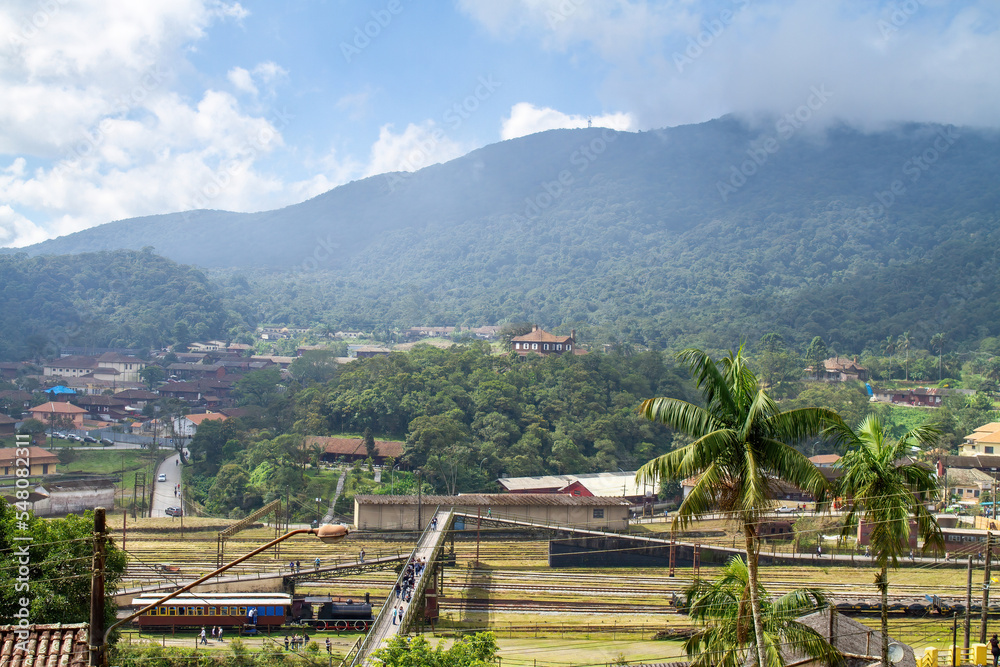 View of the Paranapiacaba village with the old train station on a sunny day View of the Paranapiacaba village with the old train station on a sunny day