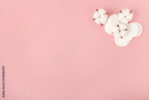 Cotton pads and cotton flowers on a pink background. © Olena