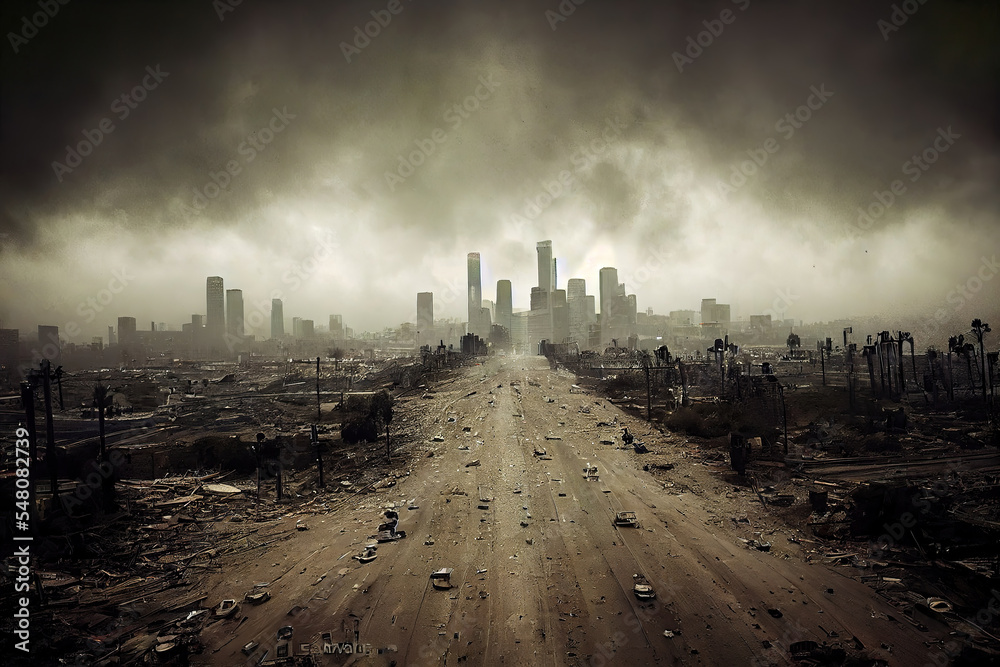 post-apocalyptic ruined city, dead wasteland. Destroyed buildings, destroyed roads, collapsed skyscrapers. apocalypse concept illustration as header wallpaper background
