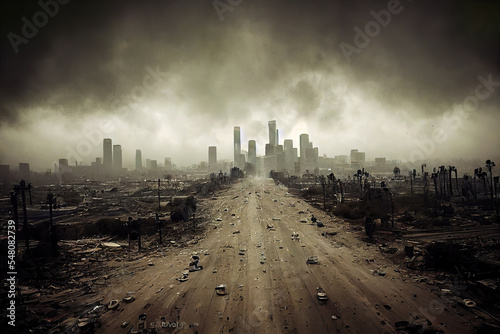 Fotobehang post-apocalyptic ruined city, dead wasteland