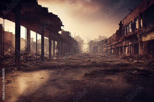 Fototapete post-apocalyptic ruined city, dead wasteland