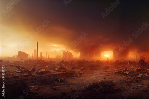 Fotografering post-apocalyptic ruined city, dead wasteland