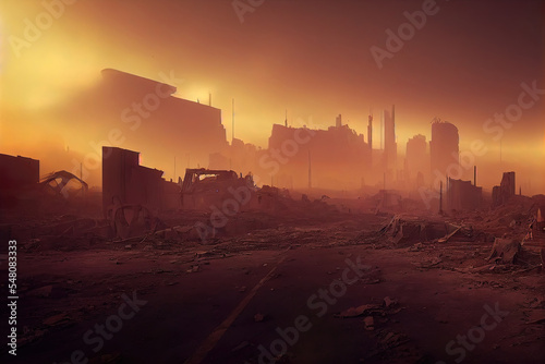post-apocalyptic ruined city, dead wasteland. Destroyed buildings, destroyed roads, collapsed skyscrapers. apocalypse concept illustration as header wallpaper background