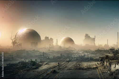 post-apocalyptic ruined city  dead wasteland. Destroyed buildings  destroyed roads  collapsed skyscrapers. apocalypse concept illustration as header wallpaper background