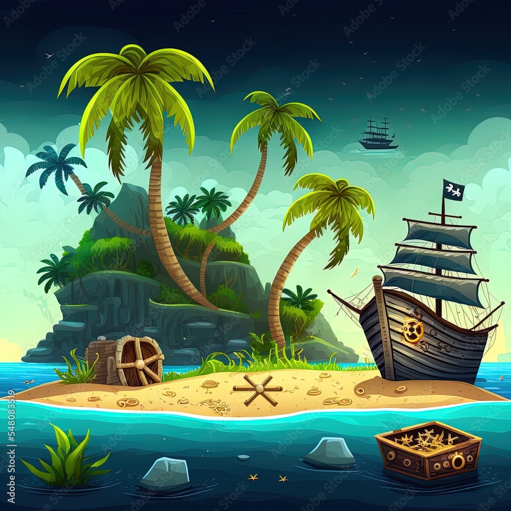 Tropical island with treasure chest and broken pirate ship cartoon sea ...