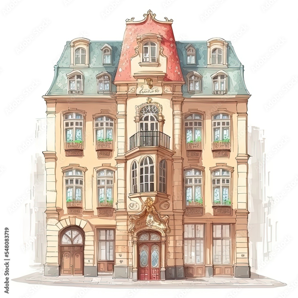 Illustration of a vintage european building exterior in water color