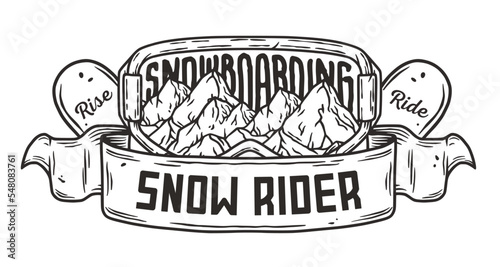 A winter extreme sport. Snowboarding equipment. Snow mountains. Printable print