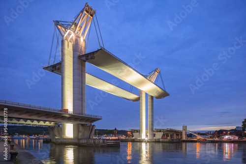 ROUEN, NORMANDY, FRANCE: Gustave Flaubert Bridge at dawn, fully raised photo