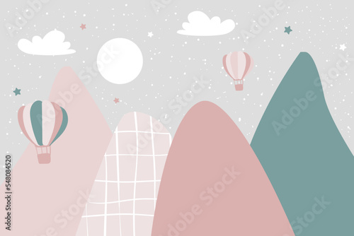 Fotografia Vector hand drawn childish wallpaper with mountains, balloons and clouds