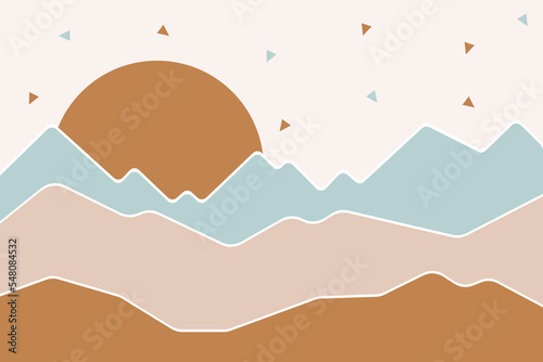 Mountains, sunset and triangles. For children's wallpapers, decor, web banners, posters. Vector illustration. Children's wallpaper. Hand drawn in scandinavian style. Mountain landscape.