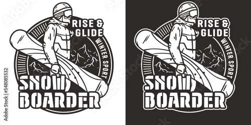 Snowboarder on a snowy mountain. Winter season extreme sport. Emblem about snowboarding