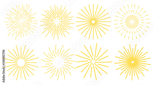 Fireworks golg bright set. Celebration fire firework christmas new year pyrotechnics firecracker, night festival, birthday party. Vintage sunburst bursting sun rays. Radial light beams salute sparks photo