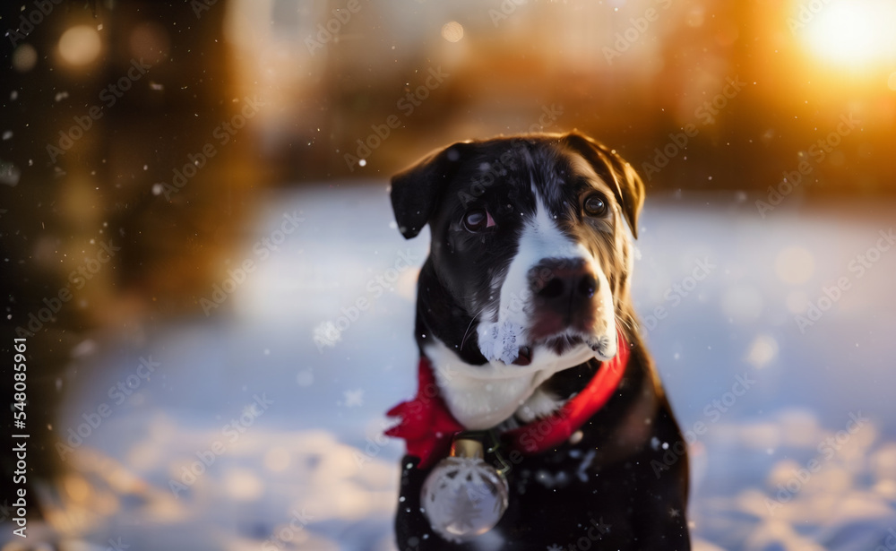 Photography of a cute dog sitting in front of a Christmas tree while is snowing Photography of a cute dog sitting in front of a Christmas tree while is snowing