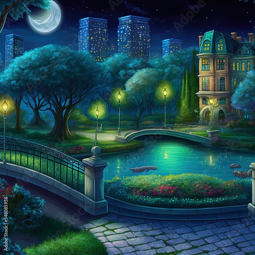 Obraz na płótnie Cartoon midnight city with moonlit public garden