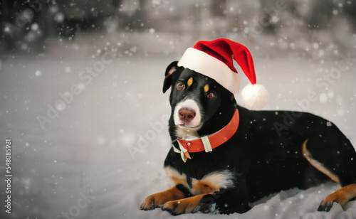 Photography of a cute dog with a Santa hat sitting in front of a Christmas tree while is snowing