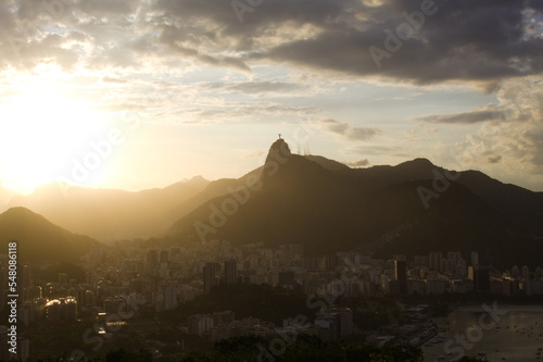 Helicopter at sunset with Christ the Redeemer in Rio de Janeiro in the background