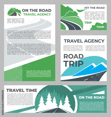 Road trip. Travel agency posters and banners. Car journey on freeway promo leaflet or banners, country speedway travel advertising vector flyer or posters with countryside roads, mountain, forest tree