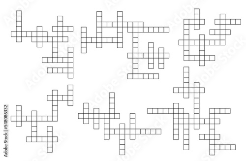Crossword game grid vector puzzle template. Cross word layout for newspaper. Mind quiz with empty black squares, abstract brainteaser pattern with blank boxes. Riddle worksheet and boardgame quiz