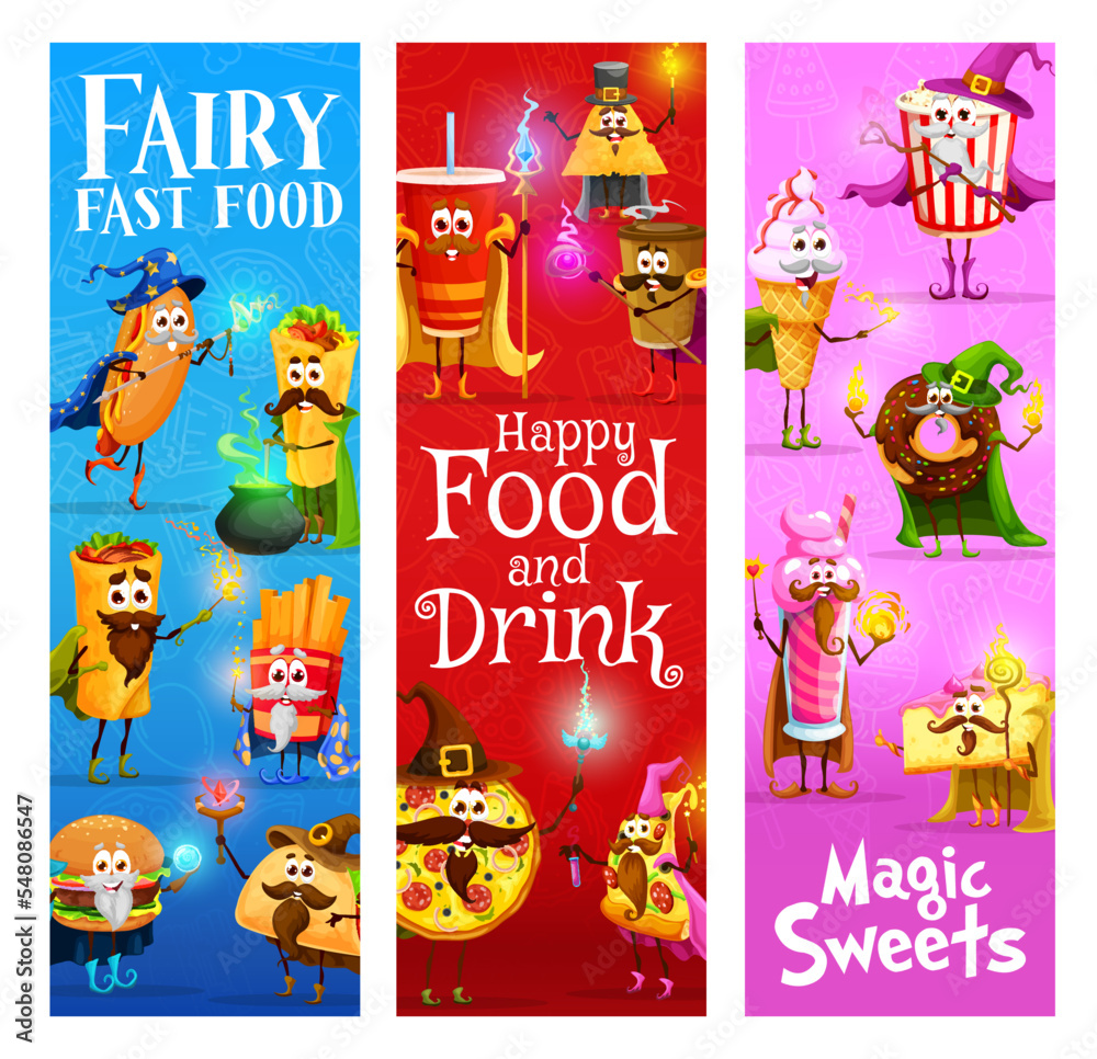 cartoon-funny-fast-food-mage-and-wizard-characters-vector-banners
