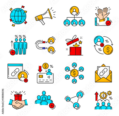 Color affiliate and referral program outline icons, marketing and business vector symbol. Refer friend or recommend customer and earn money, affiliate network and referral program linear icons photo