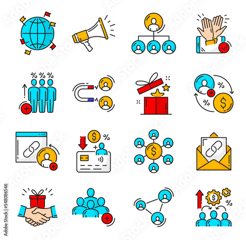 Color affiliate and referral program outline icons, marketing and business vector symbol. Refer friend or recommend customer and earn money, affiliate network and referral program linear icons