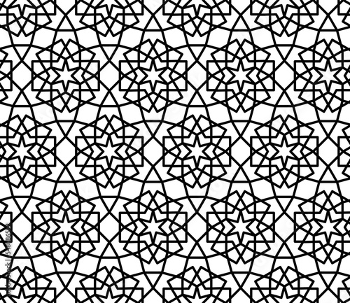 Mashrabiya arabesque arabic pattern. Seamless islamic background. Arabian or asian line ornament, wrapping paper background or grid vector fabric print. Turkish mosaic wallpaper or window ornament photo