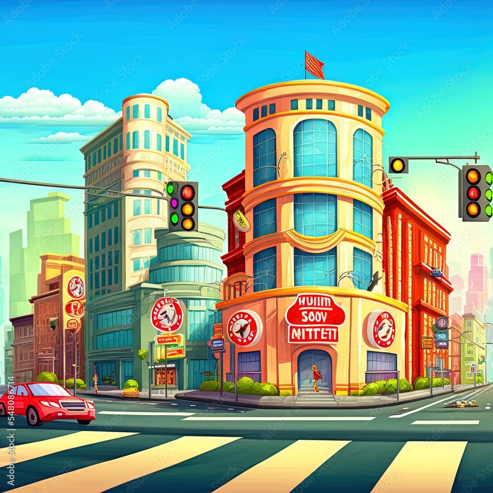 Panorama city with shops, building, crossing and traffic light.