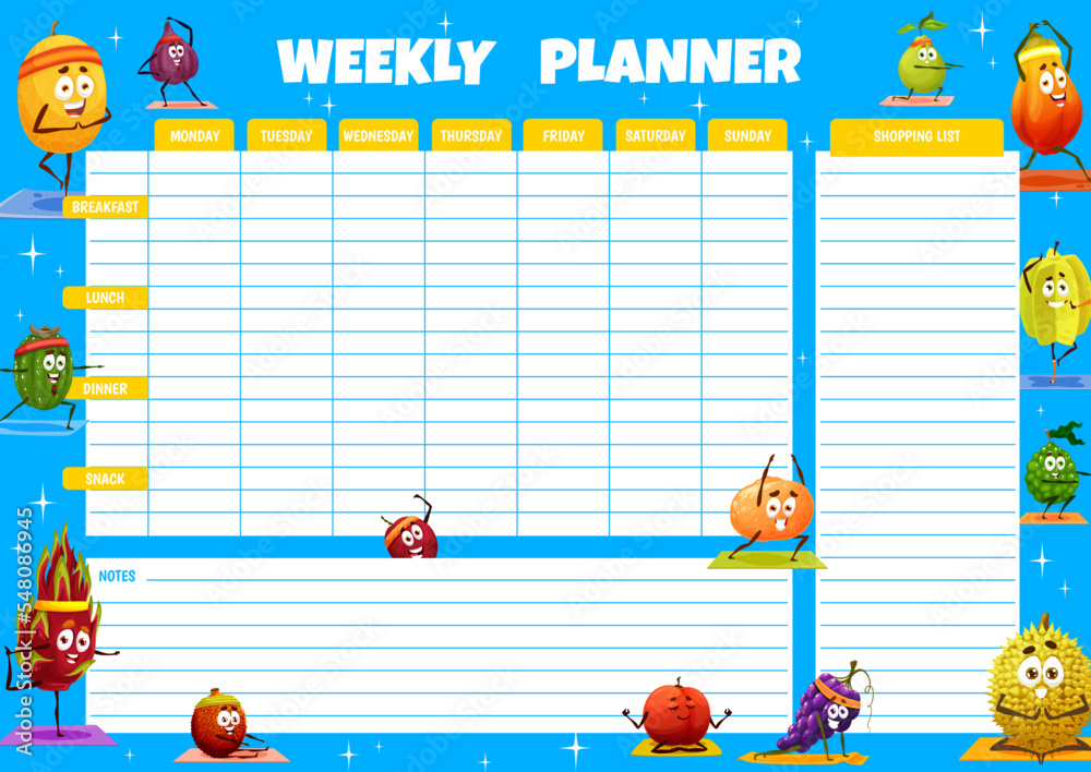 Weekly planner with cartoon fruits on yoga fitness. Diet menu week ...