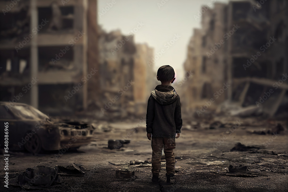poor child standing in the ruined city after the war Stock Illustration ...