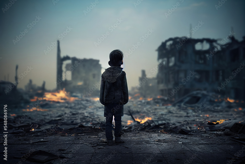 poor child standing in the ruined city after the war poor child standing in the ruined city after the war