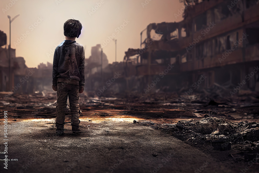 poor child standing in the ruined city after the war poor child standing in the ruined city after the war