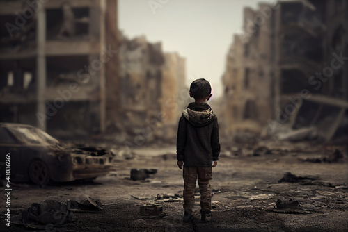poor child standing in the ruined city after the war