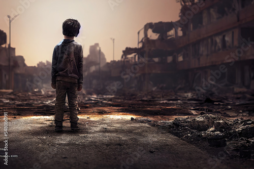 poor child standing in the ruined city after the war