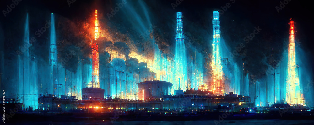 nuclear power station with blue cherenkov radiation as panoramic wallpaper background