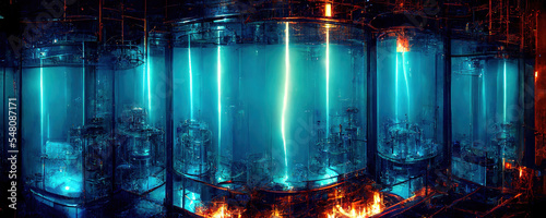 nuclear power station with blue cherenkov radiation as panoramic wallpaper background photo