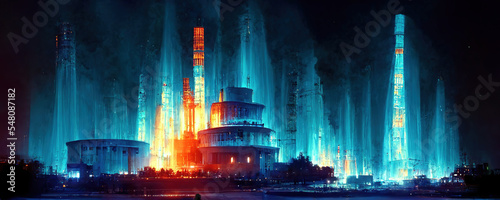 Foto nuclear power station with blue cherenkov radiation as panoramic wallpaper backg