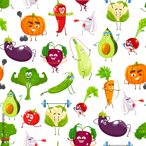 Cartoon vegetables on fitness sport, vector seamless pattern background. Funny vegetable characters, spinach muscleman and pumpkin with gym dumbbells, garlic boxing and cauliflower with barbell