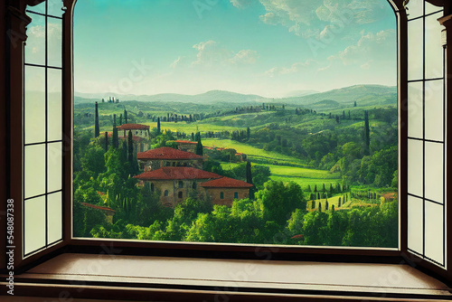 view from the italian manor balcony, beautiful tuscany view