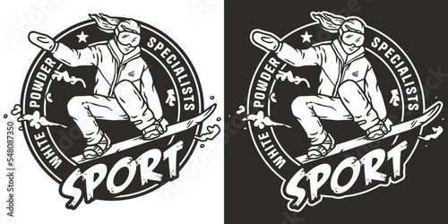Snowboarder or woman on a snowy mountain. Winter season extreme sport. Emblem about snowboarding