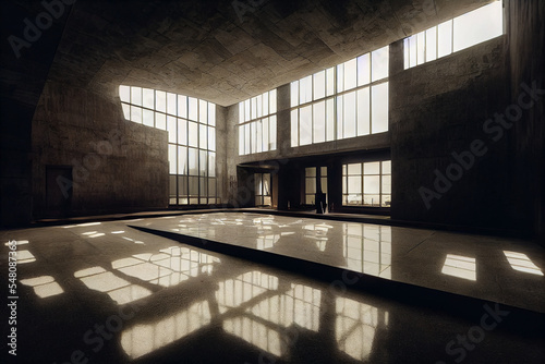 A big concrete room with sunrays. 3D illustration