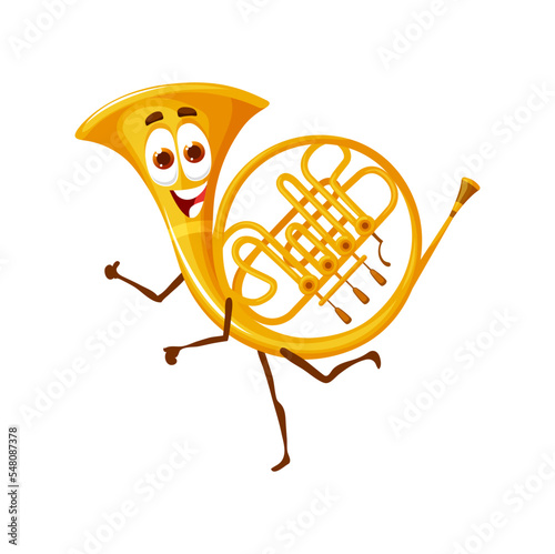 Cartoon french horn character, musical wind instrument. Isolated vector brass pipe, personage for music school, educational classes for kids or concert performance. Funny trumpet with happy smile face