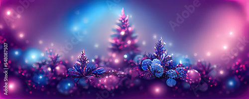 winter landscape decoration background, christmas tree and decorations as panoramic wallpaper header