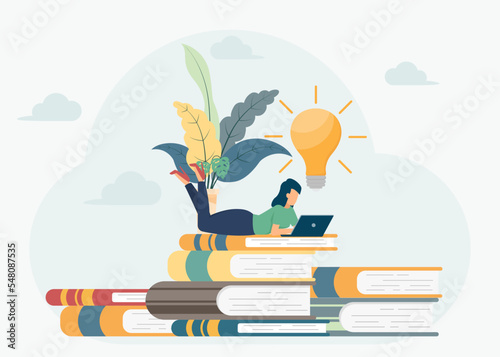 Training courses. Woman laying on books and textbooks while surfing internet with a laptop for ideas. knowledge online. Distance education. Online Education Vector illustration.