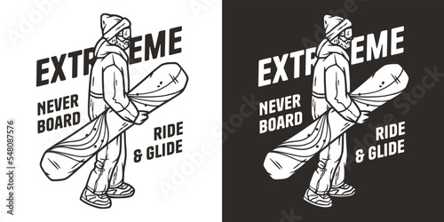 A snowboarder descends a snowy mountain. A winter extreme sport. Printable print about snowboarding