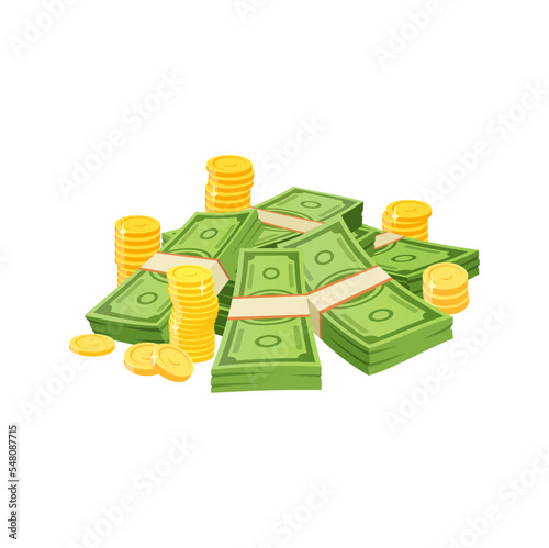 Cartoon money heap, dollar banknotes, golden coin stacks isolated vector currency objects. Packing and piles of green paper bills, lottery win, savings, financial success, richness, wealth, prosperity