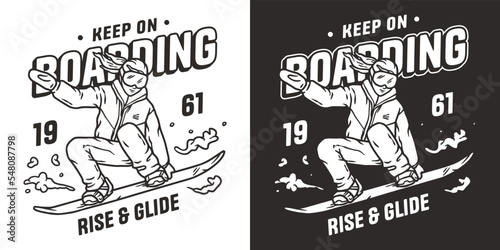 A snowboarder descends a snowy mountain. A winter extreme sport. Printable print about snowboarding
