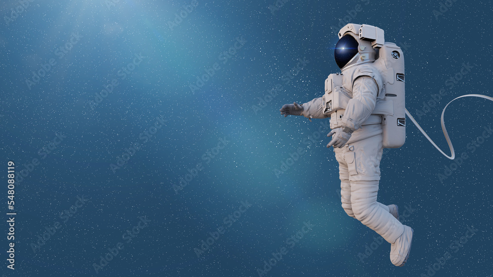 Fototapeta premium astronaut with safety cable, background with empty space