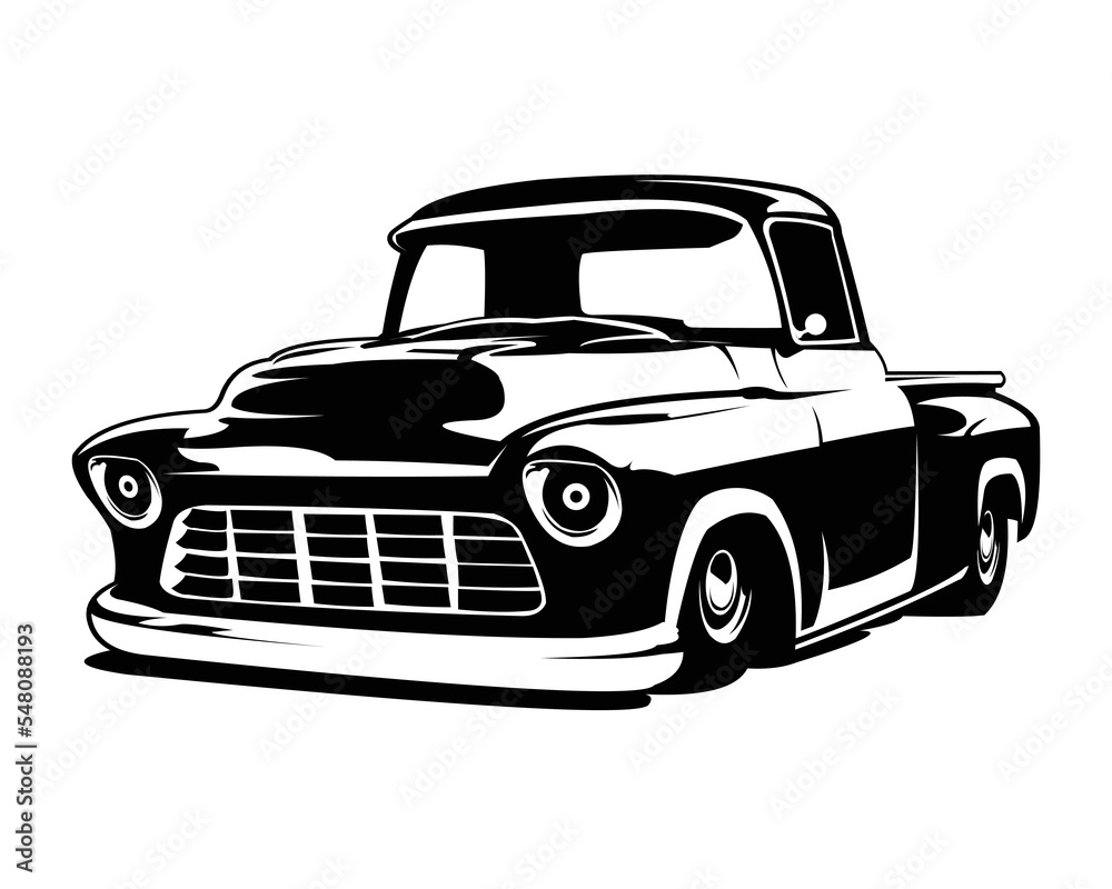 american old classic truck logo isolated on white background showing from front with amazing sunset view. high quality truck designs. vector illustration available in eps 10.	