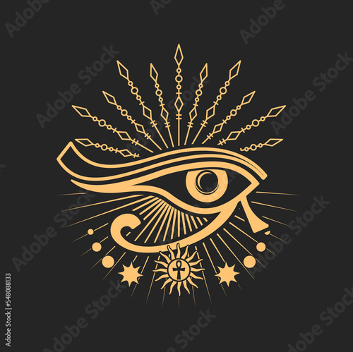 Esoteric magic symbol Horus eye egyptian occult sign. Vector eye of Ra, Egypt cross, sun rays and stars isolated on black. Alchemy and witchcraft talisman