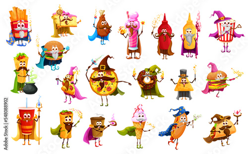 Cartoon fast food wizard, mage, sorcerer, witch and magician characters. Vector fastfood chicken leg, burger, pizza and cocktail. Shawarma, french fries, hot dog and donut, ice cream or tacos and pie photo